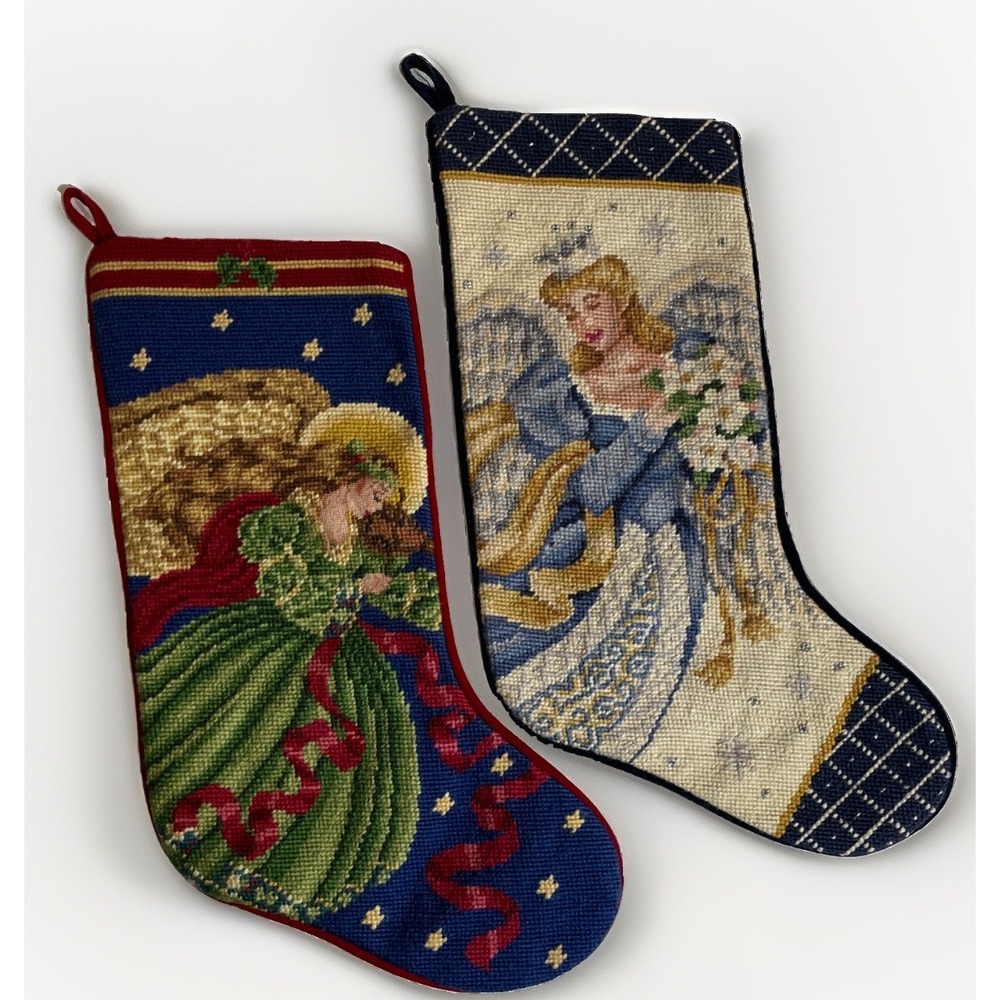 Vintage Christmas Tapestry Angel Stockings Lined Inside Velvet Backing (2)